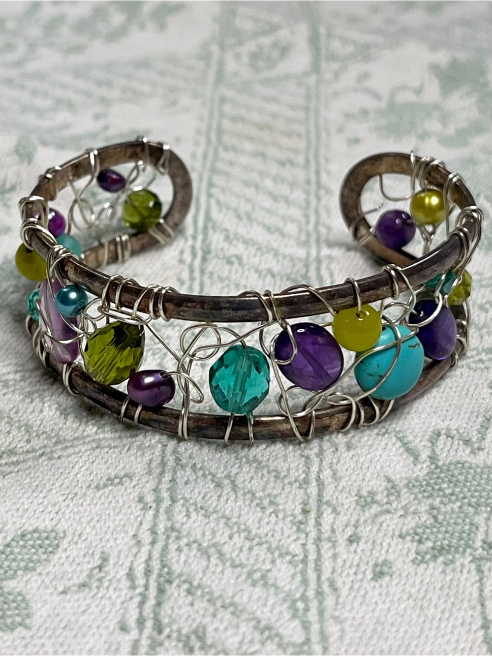 Hand Crafted Sterling Silver Wire Woven Cuff Bracelet with Various Gems